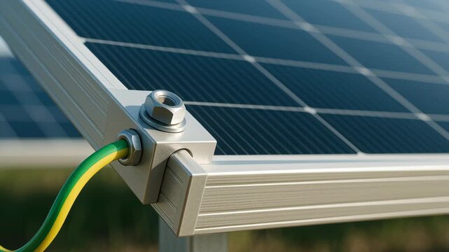 Electric Connection of Solar Panel System Showcases Ground Wire for Safe Power Flow Through Copper Cable, Optimal Voltage Control and Protection in Industry