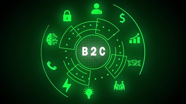 Futuristic Digital Interface Displaying B2 C Text and Business Icons on Dark Background business to consumer