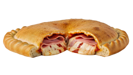 Delicious Stromboli with Ham and Cheese Filling Cut in Half, Isolated