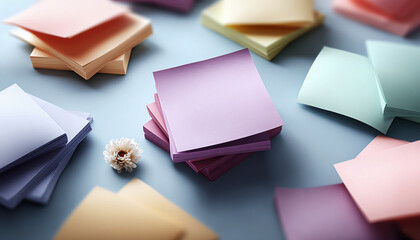 Calm arrangement of pastel sticky note stationery and paper. These overlapping office supply stacks on simple background feel organized