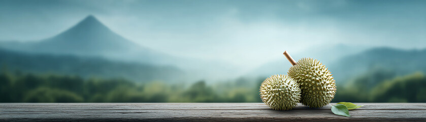 Exotic fresh durian fruit on wood table with tranquil green mountain landscape. serene and peaceful view for healthy food concept