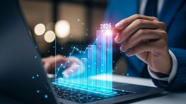 2026 financial goal business growth planning investment future strategy success rising holographic bar chart above laptop keyboard with businessman pointing showing upward trend and optimistic - Powered by Adobe