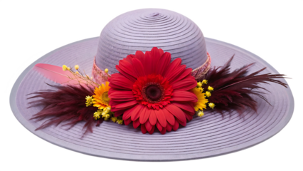 Elegant widebrim straw sun hat decorated with vibrant red gerbera daisy, yellow accent flower, and dark brown feather trim isolated on transparent background