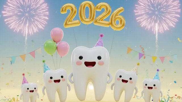 Animated teeth celebrating new year with fireworks and balloons