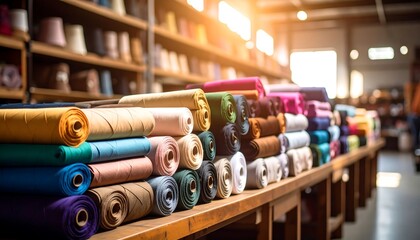 Colorful fabric rolls neatly stacked on a wooden surface, store interior