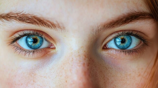 Close-up of a person's blue eyes with freckles on their face. - Powered by Adobe