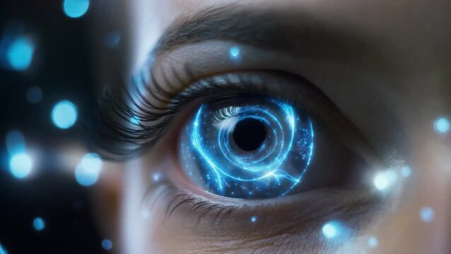 Extreme Close-up of a Human Eye with a Futuristic Blue Digital Swirl and Glowing Particles in the Iris