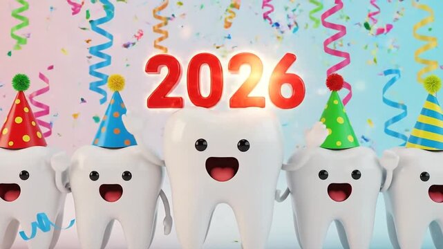 Animated teeth characters celebrating the new year with confetti and decorations