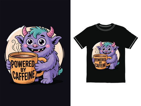 Cute Monster Powered by Caffeine Graphic for Apparel Design