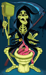 The Great Reaper Sitting on the Toilet. Vector cartoon horror illustration.