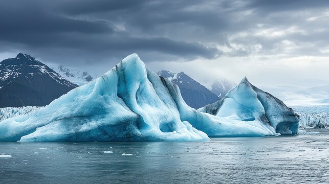 Large, jagged icebergs floating in a glacial lake with mountains in the background.