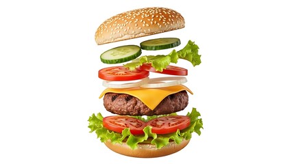 Deconstructed burger ingredients floating against a white background