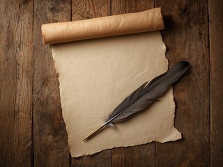 Quill pen with golden nib on aged parchment over rustic wood, evoking vintage writing tradition.