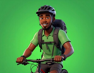 Animated Cyclist with Backpack on Green Screen Background.