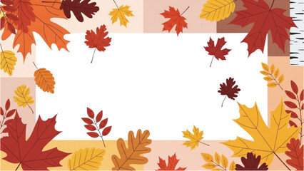 Colorful fall foliage frame with maple and oak leaves on a white background