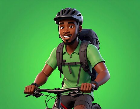 Animated Cyclist with Backpack on Green Screen Background.