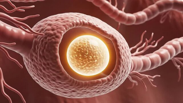Human Ovulation Process Microscopic View Graphic Representation of Egg Release from Ovary Scientific Medical Educational Biology Science