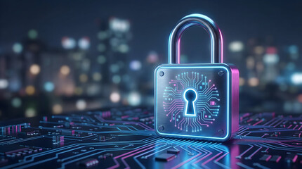 Cybersecurity padlock protecting digital data with glowing neon circuit board design