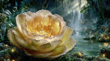 Glowing Yellow Rose In Fairy Forest Waterfall