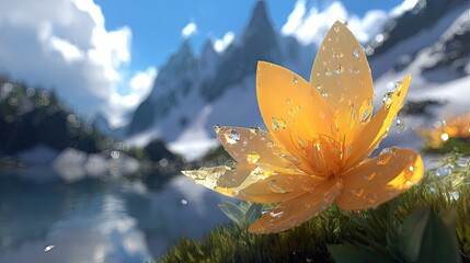 Yellow Flower With Dew Drops Against Snowy Mountain Background