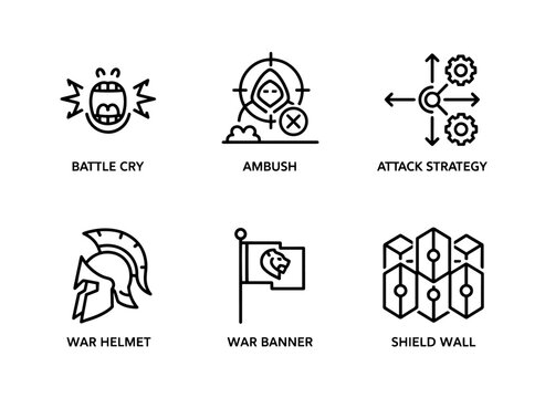 Battle Cry Ambush Attack Strategy War Helmet War Banner Shield Wall Minimal Bold Line Icons