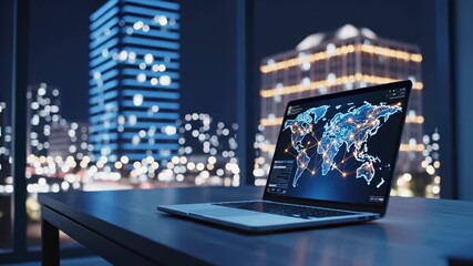 Dark office interior with laptop showing global network map in front of blurred city lights. Concept of international business connection and communication. - Powered by Adobe