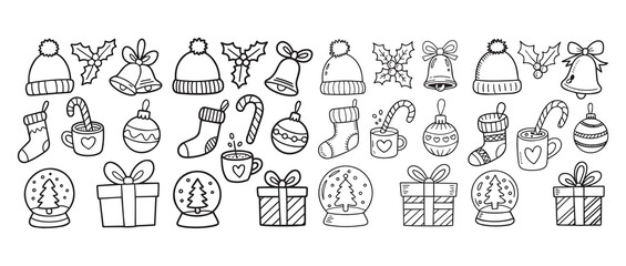 Fototapeta premium Cute Christmas doodle set with hats bells holly stockings mugs ornaments snow globes and gifts