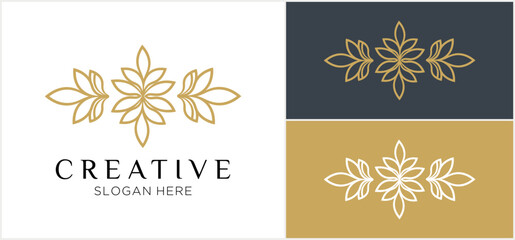Elegant floral logo design featuring stylized leaves in a symmetrical arrangement, presented on white, dark blue, and gold backgrounds.