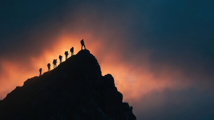 Naklejka premium Silhouette of the team on the mountain. Leadership Concept.