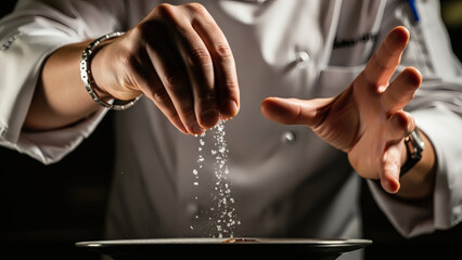 Professional chef hands seasoning dish off-frame, falling salt frozen mid-air, dark theatrical light