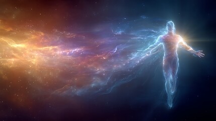 Ethereal human silhouette emitting cosmic energy against a nebula background with stars. 3D render