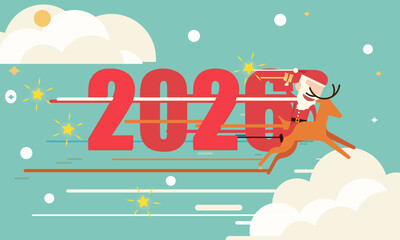 Santa claus drive riding a deer launch 2026 and smoke through cloud into space. Startup - flat design. vector design.