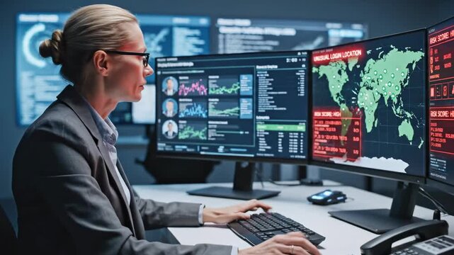 A woman in a dark room monitors data on computer screens, possibly investigating a security breach