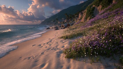 Flower-covered coast meets beach under a cloudy sky