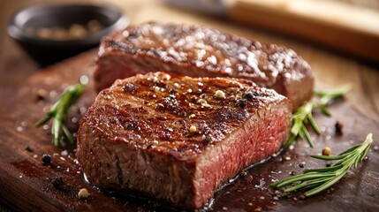Two slices of grilled steak with herbs and spices on a wooden cutting board.