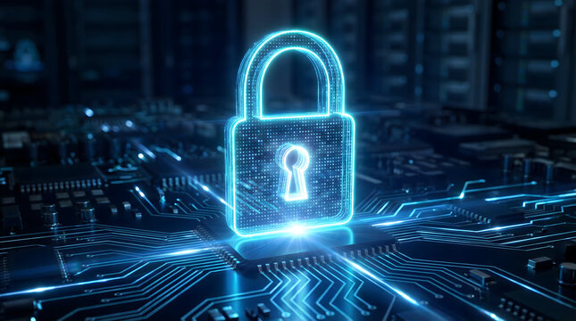 Cybersecurity lock glowing neon on a modern circuit board, data protection concept