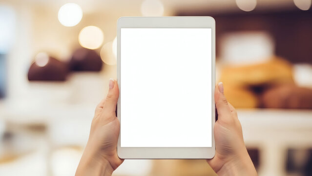  both hands holding a tablet horizontally, completely blank matte screen for mockup insertion - Powered by Adobe