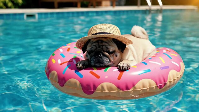 Pug chilling in a pool with a donut float and sunhat
