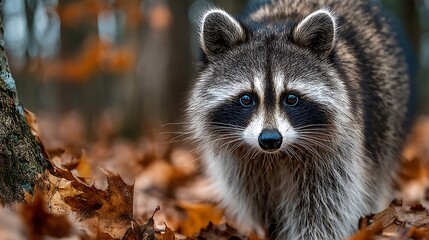 Obraz premium Close up portrait of a raccoon with striking blue eyes in a natural forest setting with autumn lea