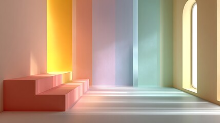 Fototapeta premium Abstract pastel interior with geometric steps and arched window casting light shadows. modern mini