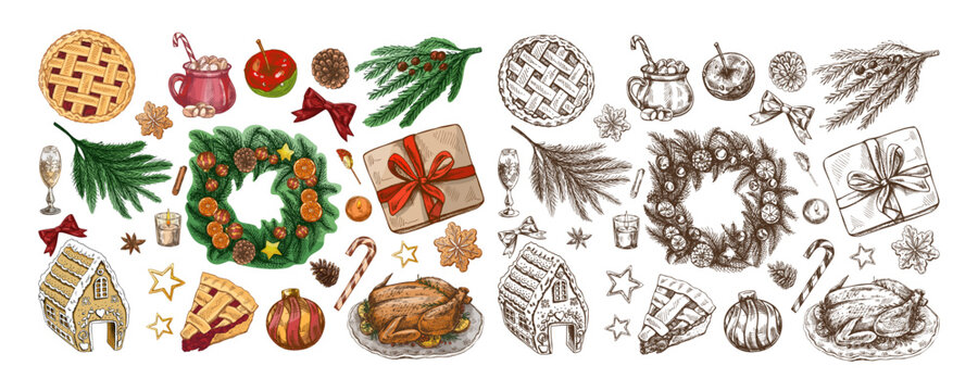 Hand drawn vintage sketch of Christmas holiday food and decorations, color and monochrome set, festive engraved style