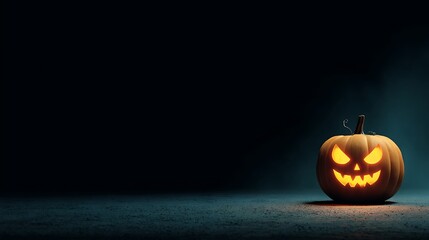 Scary glowing jack o lantern with carved face on textured surface in dark atmospheric setting