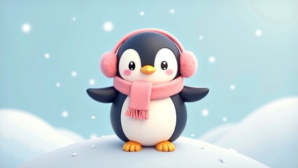 Fototapeta premium Cute cartoon penguin wearing pink earmuffs and scarf standing on snowy hill winter wonderland scene for kids Christmas marketing campaign website hero image