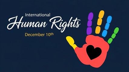 International Human Rights Day graphic with colorful handprint and text on a dark blue background.