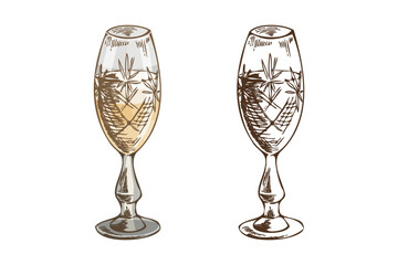 Hand drawn vintage sketch of engraved champagne glass in color and monochrome version, festive retro drink illustration
