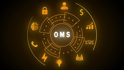 Futuristic orange OMS acronym in a circular digital interface with icons Keywords: OMS, order management system, acronym, technology, digital, interface, futuristic, technology, network, data - Powered by Adobe