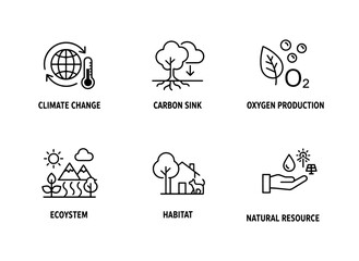 Climate Change Carbon Sink Oxygen Production Ecosystem Habitat Natural Resource Minimal Bold Line Icons