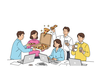 Office Team Celebration with Pizza and Coffee