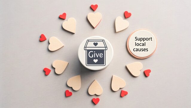 Flat lay of heart tokens around a donation box silhouette