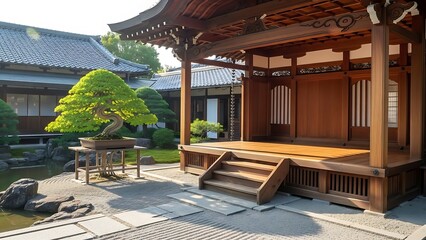 Traditional Japanese Temple Garden with Wooden Stage and Manicured Tree.